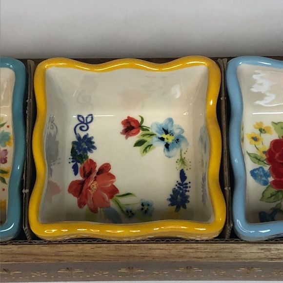 Pioneer Woman Floral Condiment Dish Set Mini Dip Square Bowls Acacia Wood Tray - Picture 4 of 16